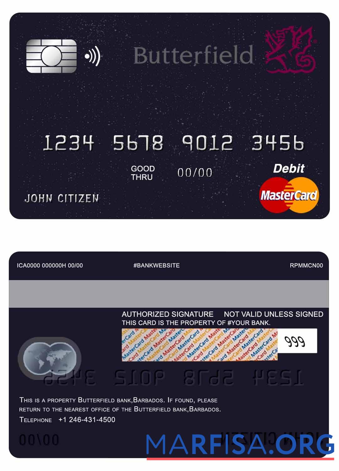 Realistic Barbados Butterfield bank mastercard debit card sample